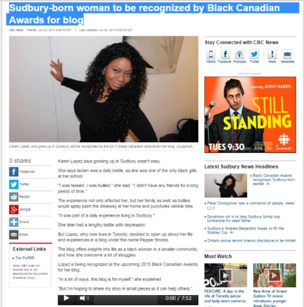 Sudbury Blogger, PepperBrooks recognized by Black Canadian Awards